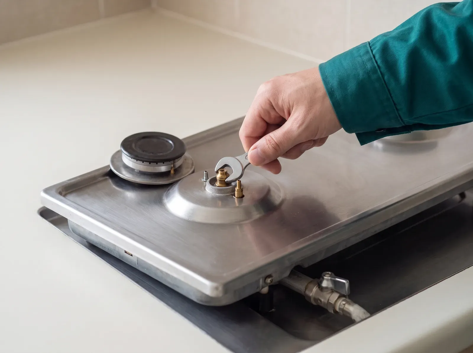A FindWorker worker's gloved hands repairing a gas stove burner