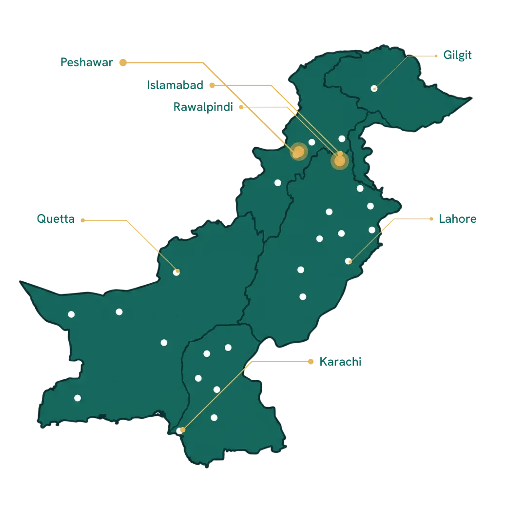 Map of Pakistan. Islamabad and Rawalpindi are marked in gold as live; Peshawar, Gilgit, Lahore, Quetta and Karachi are marked as cities FindWorker is expanding toward.